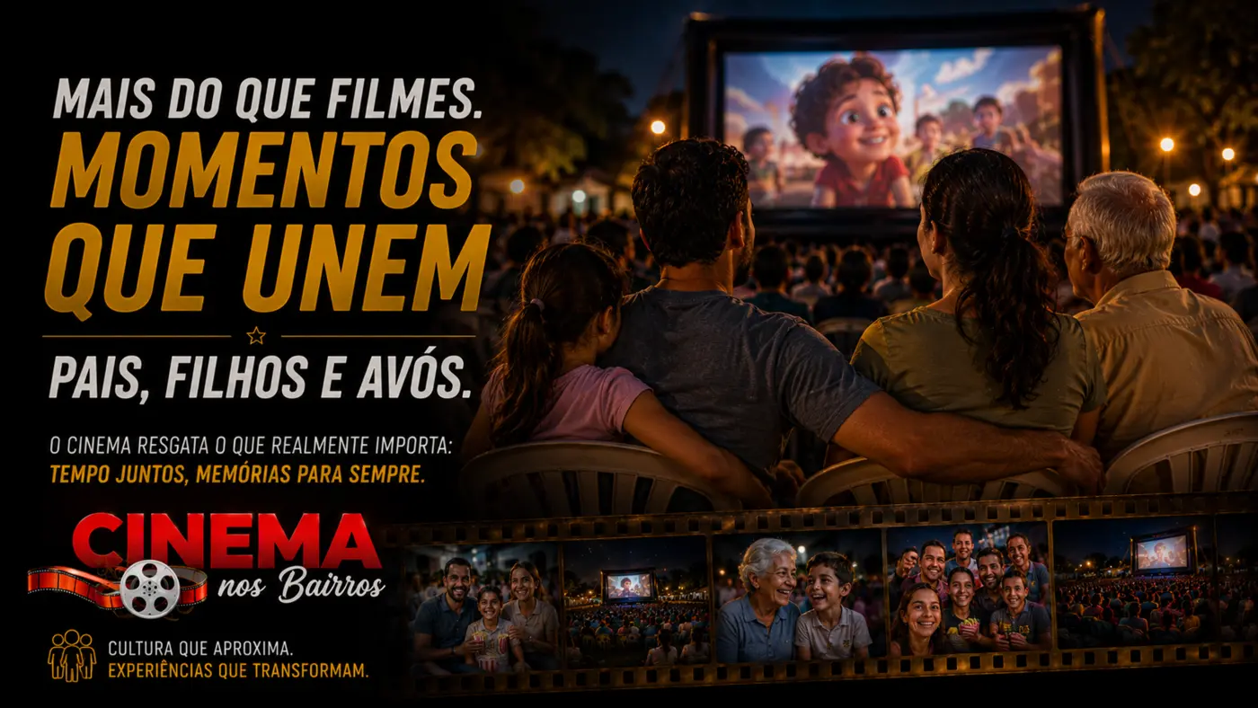Famílias reunidas em sessão do Cinema nos Bairros